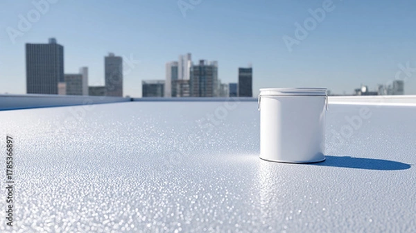 Fototapeta Blank White Paint Can Mockup on City Rooftop Surface, Generative AI