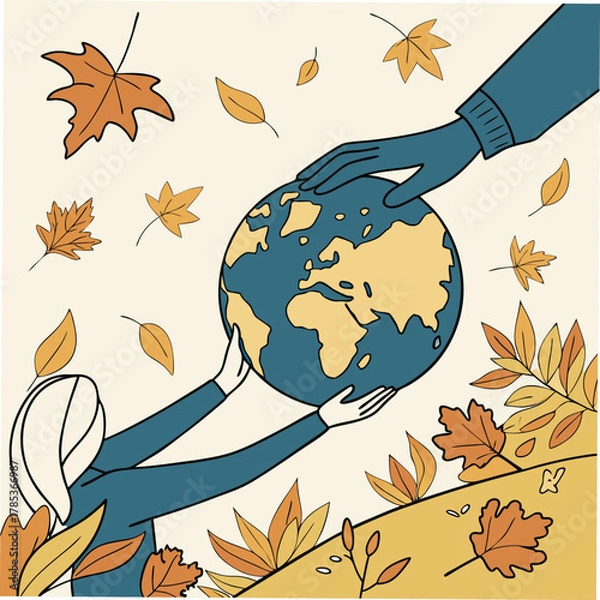 Fototapeta Hands passing the Earth with falling autumn leaves