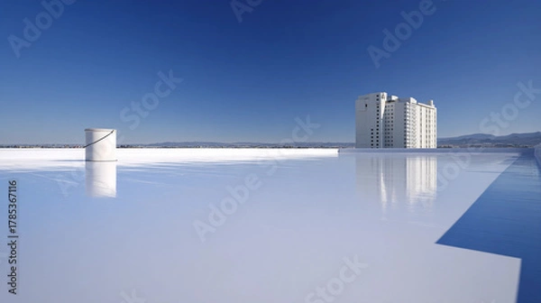 Fototapeta Pristine White Paint Can on a Highly Reflective White Rooftop Surface against a Clear Blue Sky, Generative AI