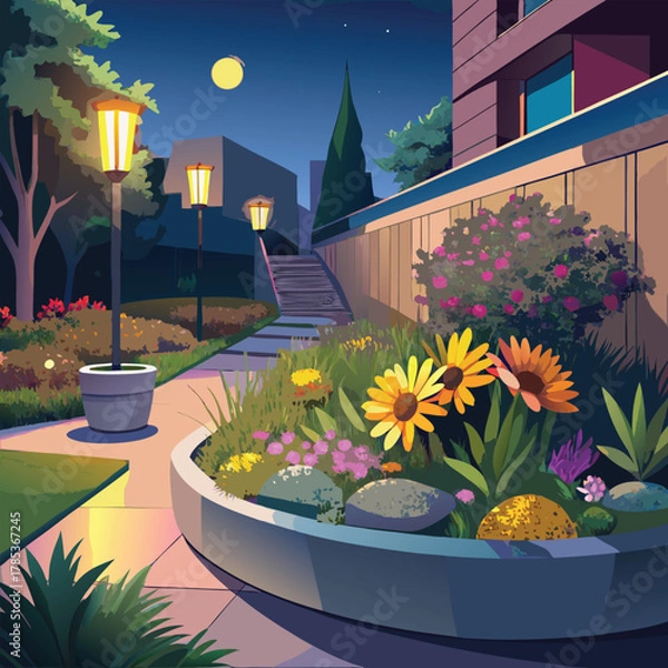 Fototapeta Illuminated Garden Pathway at Night with Blooming Flowers Keywords: night, garden, pathway