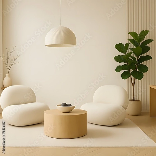 Fototapeta Modern Minimalist Living Room with Organic Shapes and Neutral Tones – Scandinavian Interior Featuring Curved Lounge Chairs, Wooden Coffee Table, Indoor Plant, and Soft Ambient Lighting
