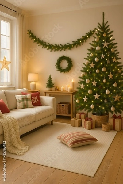 Fototapeta Vertical Mobile-Size Cozy Christmas Living Room with Tree and Gifts – Warm Holiday Interior Featuring Beige Sofa, Garland, Wreath, and Soft Lighting for Festive Winter Home Decoration
