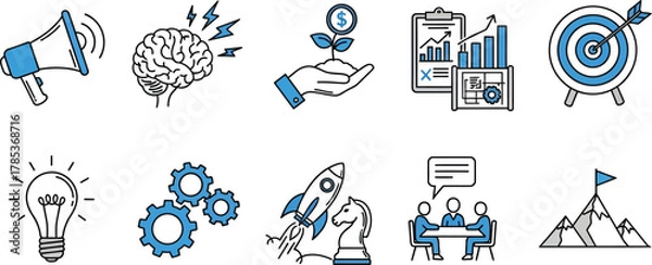 Fototapeta Business Strategy Doodle Line Icons Set on White Background, Planning Concept, Goals