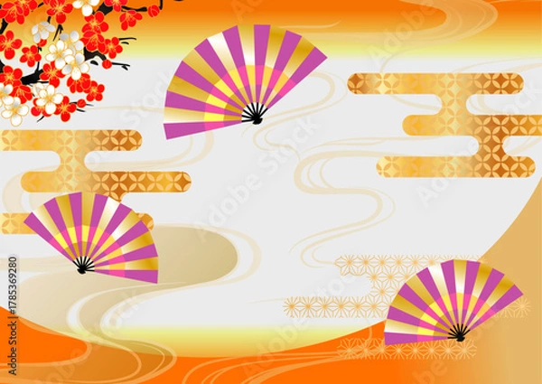 Obraz オレンジの年賀素材扇和柄背景素材
