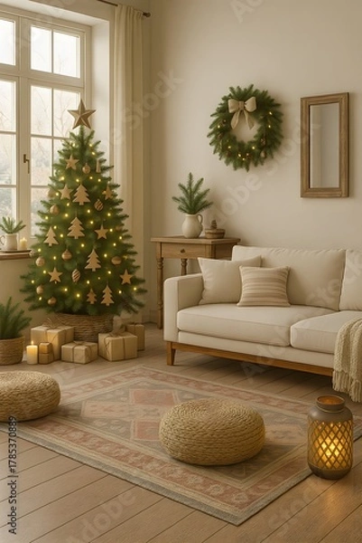 Fototapeta Vertical Warm Neutral Christmas Living Room with Beige Sofa and Decorated Tree – Scandinavian Holiday Interior with Candles, Wreath, Gifts and Cozy Natural Atmosphere