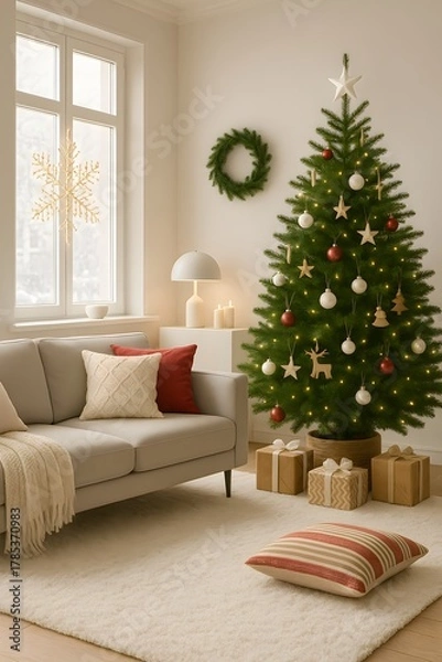 Fototapeta Vertical Cozy Scandinavian Christmas Living Room with Gray Sofa and Decorated Tree – Minimalist Holiday Interior with Wreath, Gift Boxes and Warm Natural Lighting