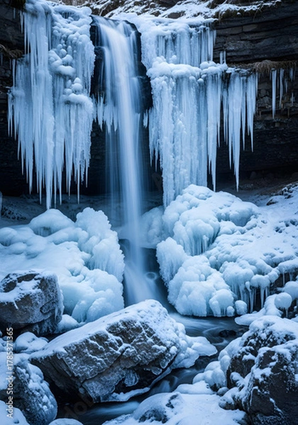 Fototapeta Stunning winter scene of a cascading waterfall covered in ice and snow formations