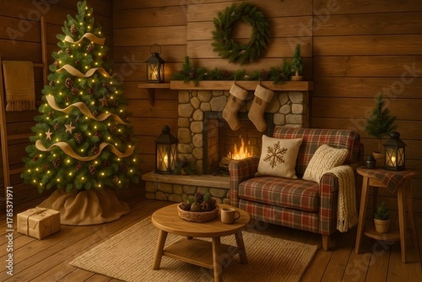 Fototapeta Cozy Rustic Christmas Cabin Living Room with Fireplace and Decorated Tree – Warm Wooden Interior with Plaid Chair, Lanterns, Wreath and Festive Holiday Atmosphere