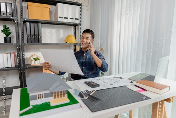 Fototapeta Confident young architect working at office desk, drawing house plans and discussing construction details on the phone, focusing on accuracy and creativity in architectural design and project planning