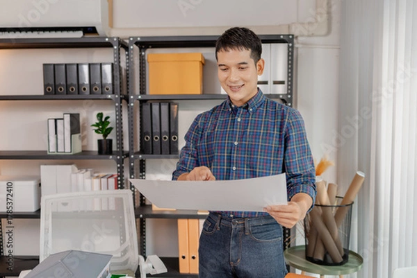 Fototapeta A young architect works with building plans and a house model in the office, reviewing blueprints, marking details, and analyzing design structures with focus and creativity.