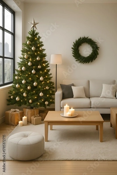 Fototapeta Vertical Scandinavian Christmas Living Room with White Sofa and Decorated Tree – Minimalist Holiday Interior with Wreath, Candles, Gift Boxes and Warm Cozy Lighting