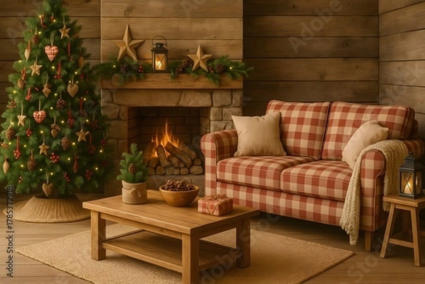 Fototapeta Cozy Rustic Christmas Living Room with Fireplace and Plaid Sofa – Warm Cabin Interior with Decorated Tree, Wooden Furniture, Garland and Soft Holiday Lighting