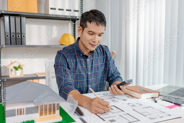 Fototapeta A young architect is working at his desk, reviewing blueprints, using a calculator, and checking a house model. He focuses on precision and detail while planning construction projects.