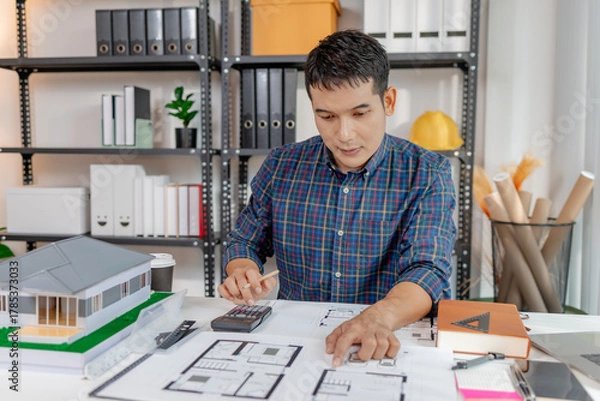 Fototapeta A young architect is working at his desk, reviewing blueprints, using a calculator, and checking a house model. He focuses on precision and detail while planning construction projects.