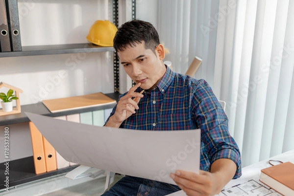 Fototapeta A young architect is working at his desk, reviewing blueprints, using a calculator, and checking a house model. He focuses on precision and detail while planning construction projects.