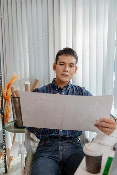 Fototapeta A young architect is working at his desk, reviewing blueprints, using a calculator, and checking a house model. He focuses on precision and detail while planning construction projects.