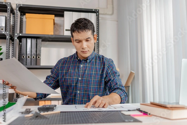 Fototapeta A young architect is working at his desk, reviewing blueprints, using a calculator, and checking a house model. He focuses on precision and detail while planning construction projects.