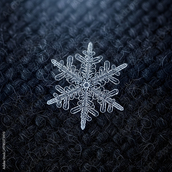 Fototapeta Intricate crystalline snowflake macro on dark textured wool fabric, winter close-up beauty