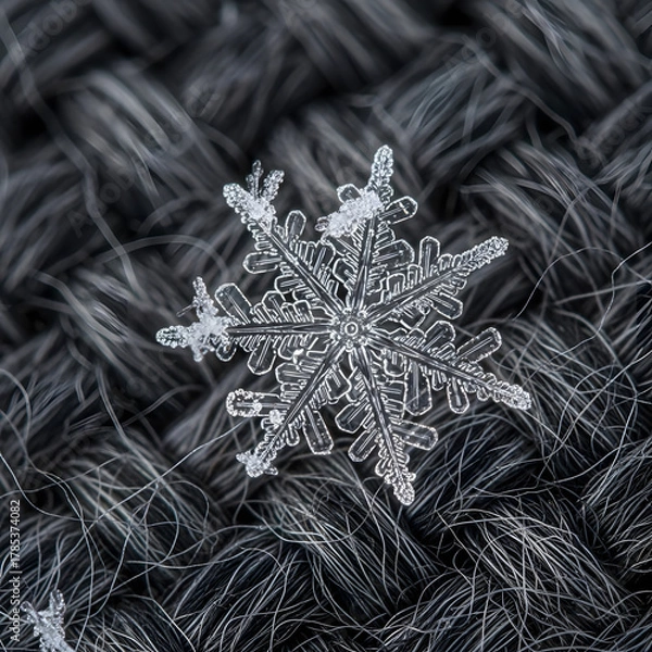 Fototapeta Detailed Snowflake Close-up Delicate Ice Crystal on a Textured Dark Background