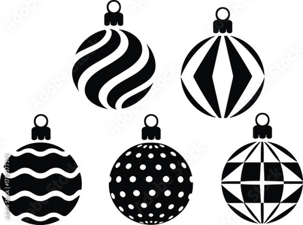 Obraz Christmas ornament silhouette vector, festive black and white decoration, holiday hanging baubles, geometric and abstract patterns, seasonal decor design, minimalist winter art
