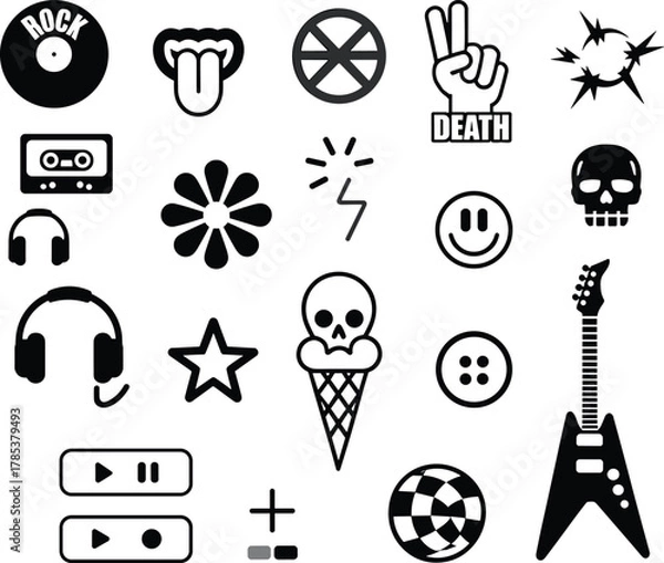 Obraz Rock music icons, skull silhouette, peace symbol, headphones, cassette, guitar, smiley face, lightning bolt, sports ball, explosion, fantasy, abstract, vector set