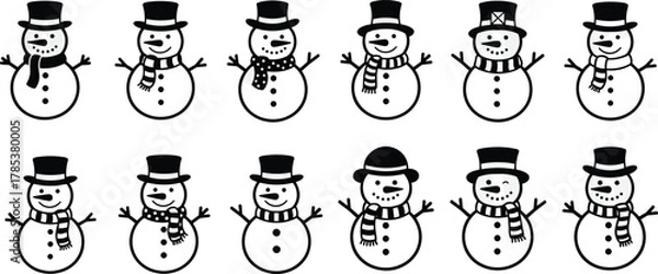 Obraz Cartoon snowman vector set, black and white winter icons, festive holiday characters, seasonal snowman illustrations, decorative snowman pack, playful snowman design collection