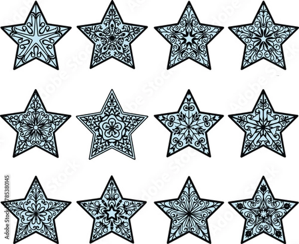 Obraz Star-shaped vector icon set, decorative blue star designs, symmetrical holiday elements, festive winter graphics, abstract star illustrations, geometric star pattern collection