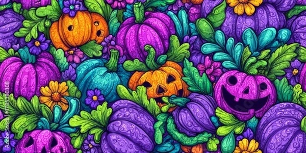 Fototapeta Whimsical pumpkins and flowers in vibrant colors form a decorative pattern.
