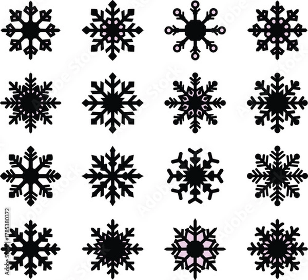 Obraz Intricate snowflake vector set, black winter icons, symmetrical snowflake designs, festive holiday elements, seasonal silhouette pack, purple accent snowflake illustrations, decorative snowflake grid