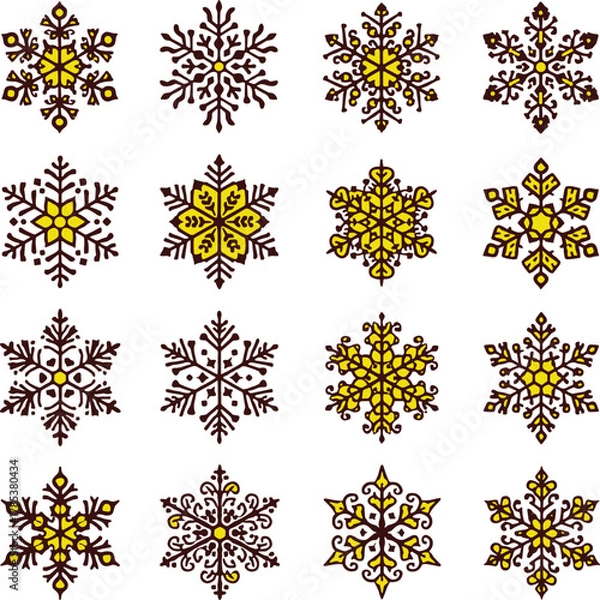 Obraz Yellow and brown snowflake vector set, symmetrical winter icons, festive holiday elements, seasonal graphic pack, decorative snowflake grid, stylized snowflake illustration collection