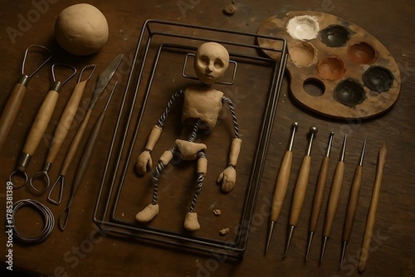 Obraz Creative Process: Unfinished Clay Figure and Sculpting Tools