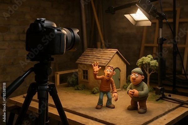 Obraz Stop-Motion Animation Studio Setup with Clay Figures and Camera