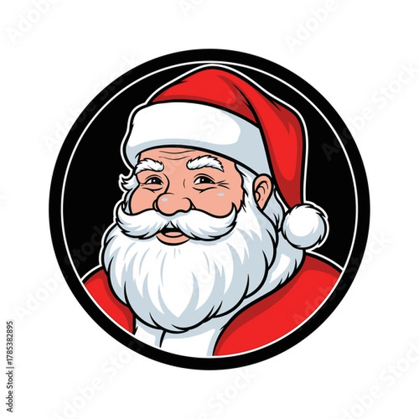 Fototapeta Vector illustration of a smiling Santa Claus head in a classic red hat, set within a black circular frame.