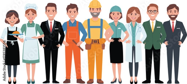 Fototapeta Cartoon characters diverse professions, waitress, chef, businessman, construction worker, engineer, doctor, scientist, teamwork, occupational roles, career illustration, workforce diversity,