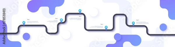 Obraz Road map and journey route infographics template. Winding road timeline illustration. Flat vector illustration. Eps 10