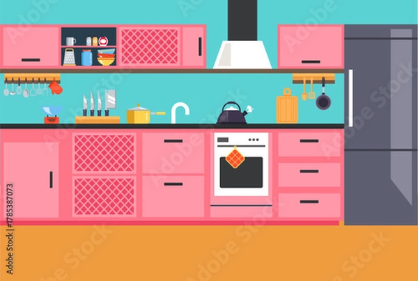 Fototapeta Modern Flat Vector Kitchen Interior with Pink Cabinets and Appliances EPS Illustration
