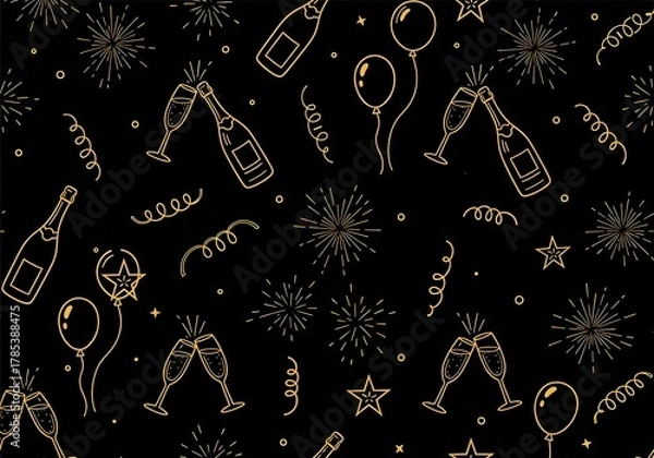 Obraz Luxury gold New Year celebration pattern with champagne bottles, clinking glasses, balloons, stars, and fireworks on black background for festive designs


