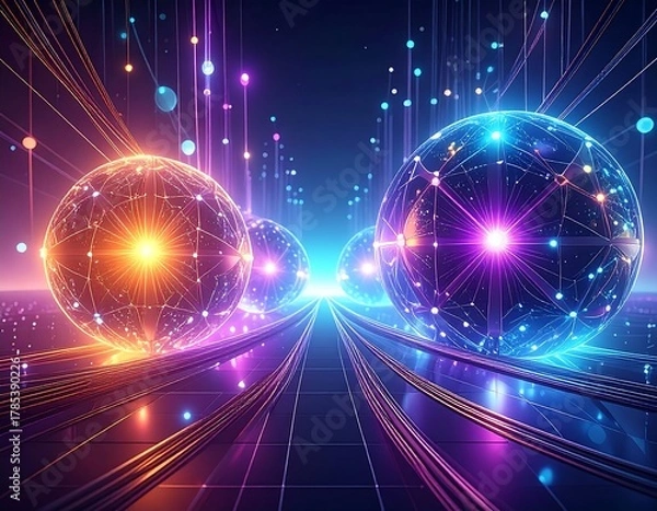 Fototapeta Futuristic Data Spheres on Digital Highway - Abstract Technology Concept.