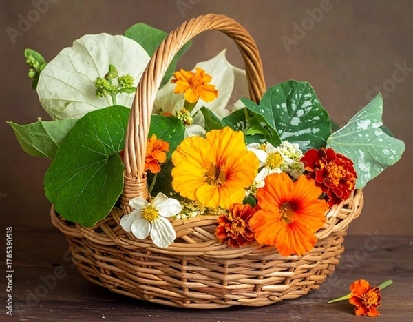 Fototapeta A rustic woven basket overflows with vibrant, colorful blooms and foliage