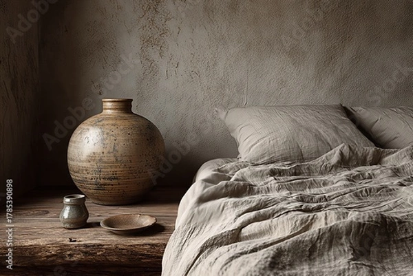 Fototapeta Wabi-sabi style bedroom interior with natural linen bedding and rustic pottery. Minimalist, calm aesthetic with earth tones and textured plaster wall.