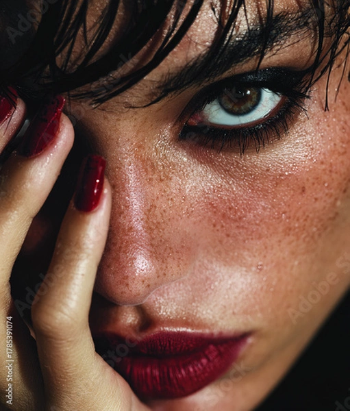 Fototapeta Woman's intense gaze with wet skin and red lips