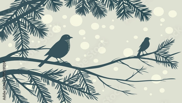 Obraz Two birds perched on pine branches with snow falling in a winter scene illustration artwork design