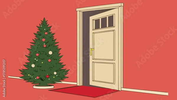 Obraz A christmas tree stands next to an open door on a red background with a red rug in the foreground