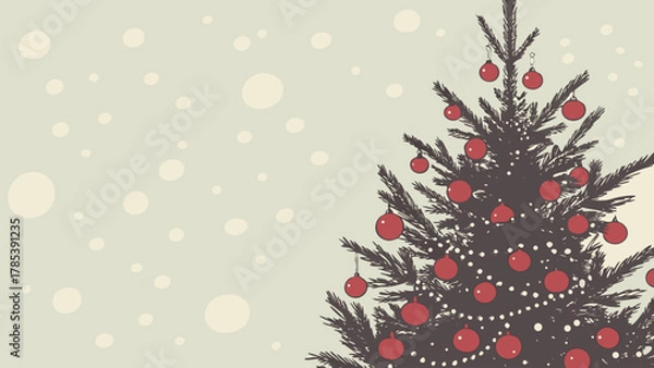 Obraz Decorated christmas tree with red ornaments and snow falling in a festive winter scene design