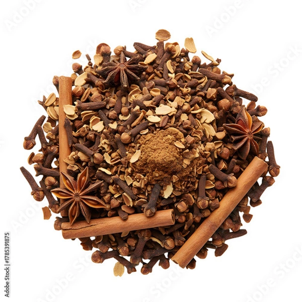 Fototapeta Aromatic Blend of Spices Star Anise Cinnamon Sticks Cloves and Grated Nutmeg Top View Isolated