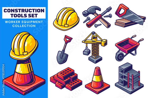 Fototapeta Builder and Construction Tool Collection. Industrial Work with Helmet, Crane, Hammer, Cone, and Wheelbarrow. Set Element for Worker. Engineering Game and Architecture in Cartoon Colorful Color