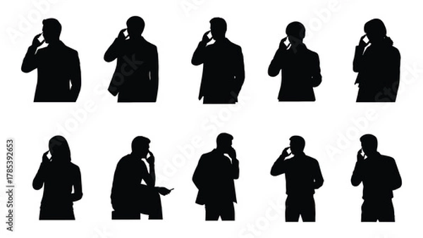 Fototapeta Silhouettes of people talking on cell phones isolated on white background, Vector