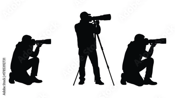 Fototapeta Photographers silhouettes with long lenses isolated on white background, Vector