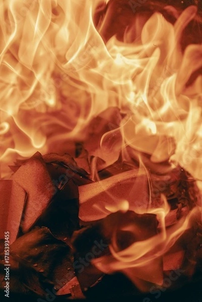 Fototapeta A close-up of the blazing orange and red flames of a bright, warm fire burning in a fireplace