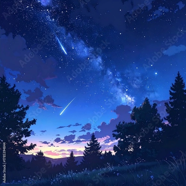 Obraz Animated night sky scene with forest silhouettes and shooting stars